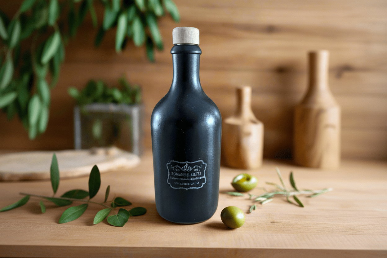 Olivenöl oder Balsamico Flasche/Krug 500 ml Tonkrug, Steinzeug, schwarz, Mündung: Kork mit Ausgießer - Romano i Julietta