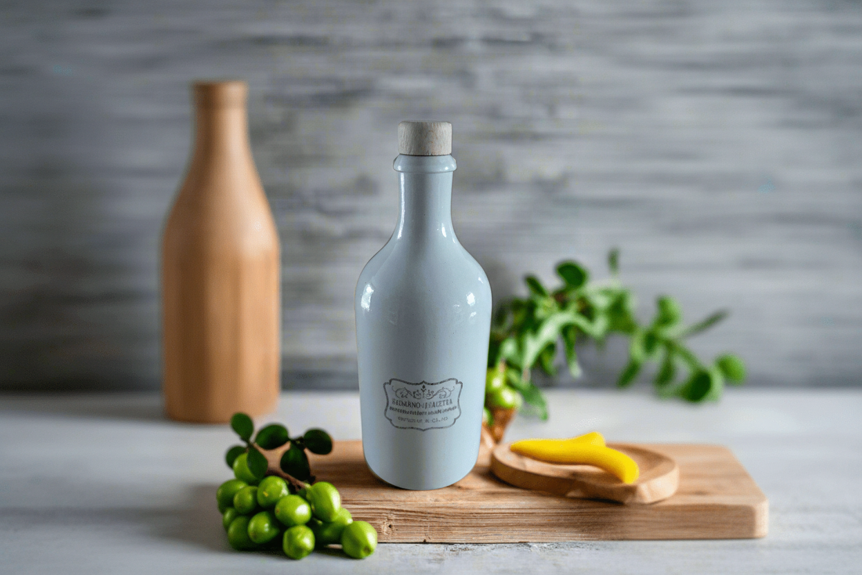 Olivenöl oder Balsamico Flasche/Krug 500 ml Tonkrug, Steinzeug, weiß, Mündung: Kork mit Ausgießer - Romano i Julietta