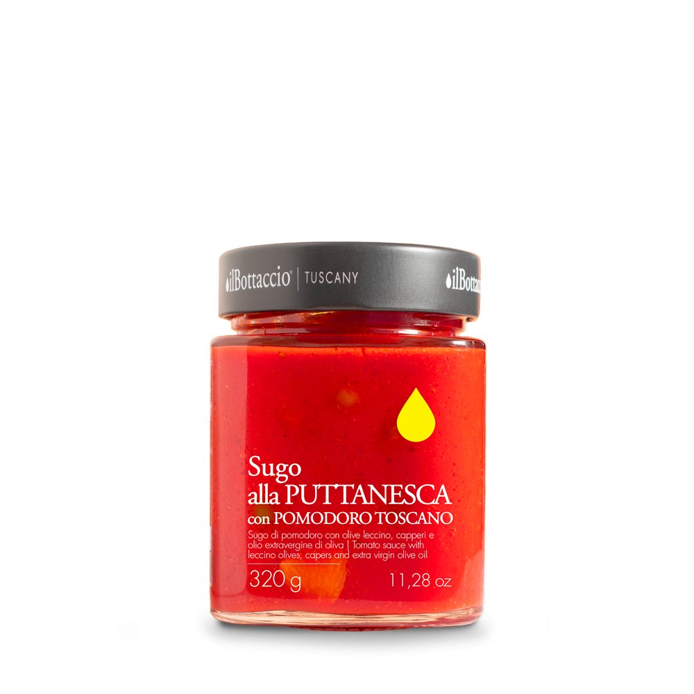 Puttanesca - Sauce, Tomaten - Sauce mit Ganzen Oliven, Kapern und extra nativem Olivenöl | 320 g - Romano i Julietta