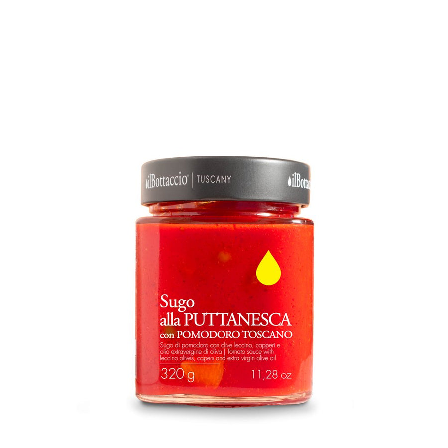 Puttanesca - Sauce, Tomaten - Sauce mit Ganzen Oliven, Kapern und extra nativem Olivenöl | 320 g - Romano i Julietta